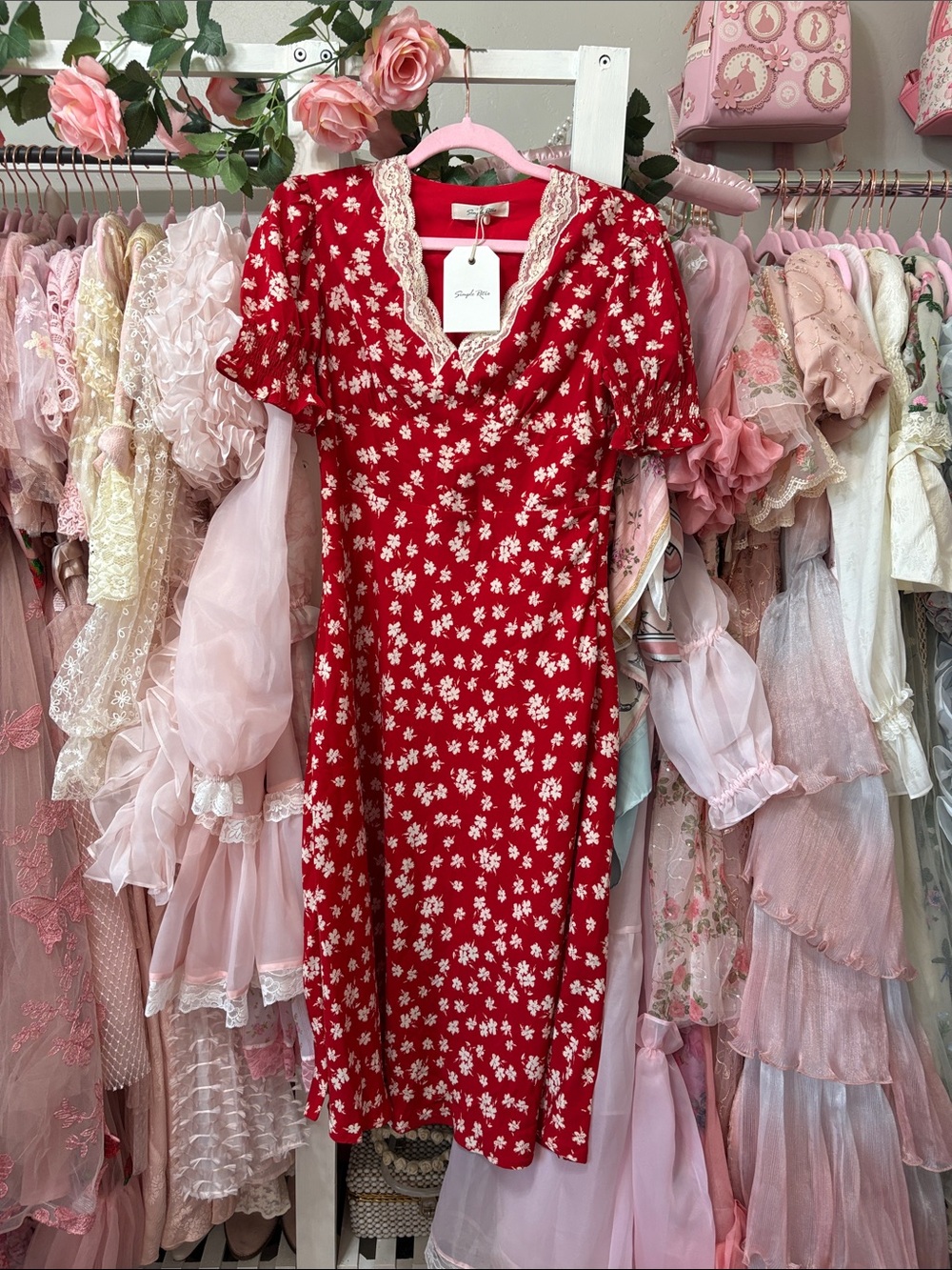 Red Floral Midi Dress with Lace V-Neck